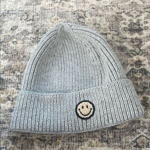 Gray Knit Beanie with Smiley Patch
